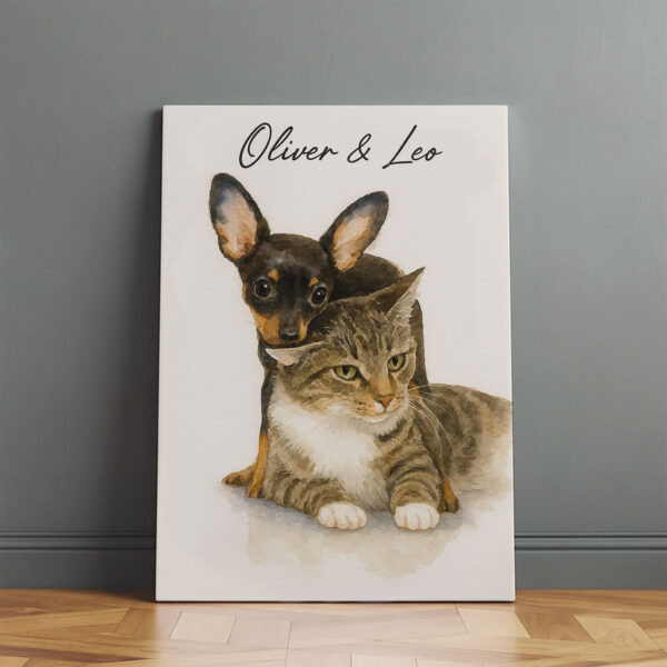 Personalized Pet Portrait of Oliver and Leo Featuring a Dog and Cat in Watercolor Style Decor - Image 2