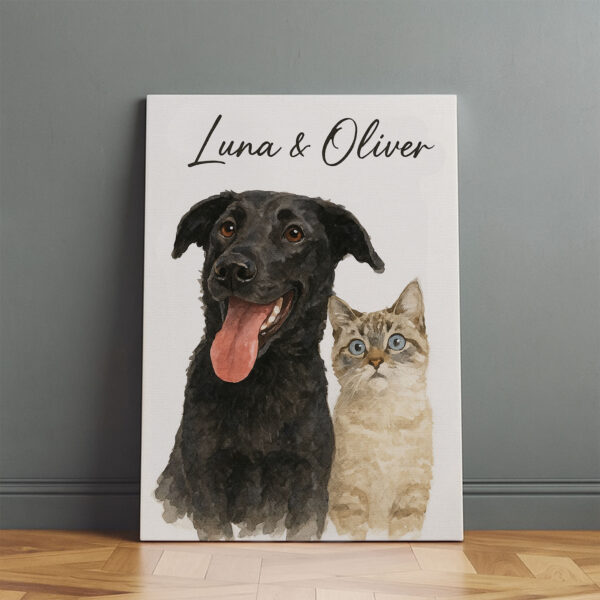 Custom Pet Portrait of Black Dog and Cat Named Luna and Oliver in Watercolor Style for Home Decor - Image 2