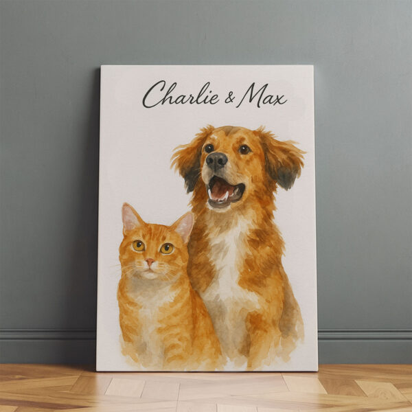 Custom Watercolor Pet Portrait of Dog and Cat with Names for Personalized Home Decor - Image 2