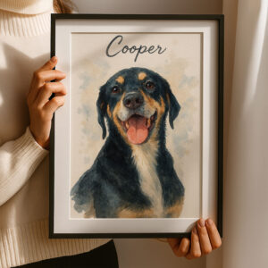 Custom Watercolor Pet Portrait of a Happy Dog Named Cooper in a Stylish Frame