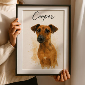 Custom Watercolor Dog Portrait Art Print Featuring Your Pet Cooper in a Stylish Frame