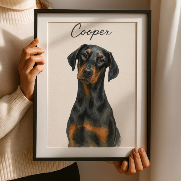Custom Dog Portrait for Pet Lovers Featuring a Doberman Named Cooper in Elegant Framed Design