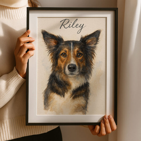 Customizable Watercolor Dog Portrait Framed Art with Pet Name Riley for Home Decor