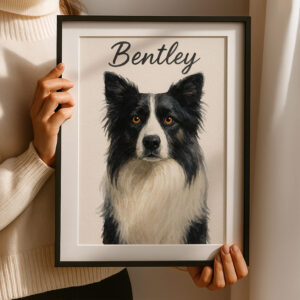 Personalized Dog Portrait of Bentley Featuring a Stylish Black and White Border Collie Design