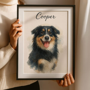 Custom Watercolor Pet Portrait of Your Dog Cooper in a Stylish Frame for Home Decor