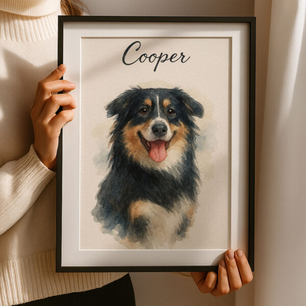 Custom Watercolor Pet Portrait of Your Dog Cooper in a Stylish Frame for Home Decor