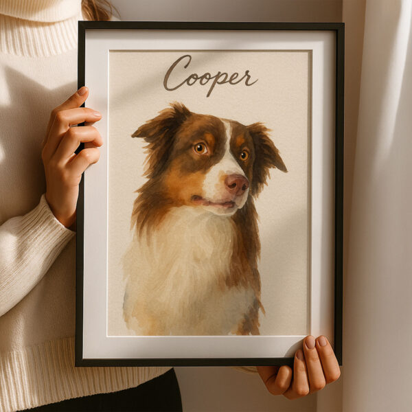 Personalized Watercolor Dog Portrait of Cooper in Elegant Frame for Pet Lovers