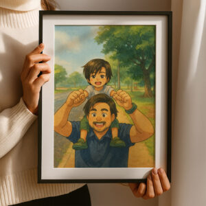 Father and Son Framed Art Print Cute Cartoon Style Family Bonding Decoration