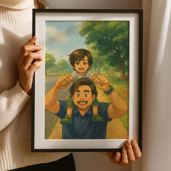 Father and Son Framed Art Print Cute Cartoon Style Family Bonding Decoration