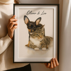 Personalized Pet Portrait of Oliver and Leo Featuring a Dog and Cat in Watercolor Style Decor