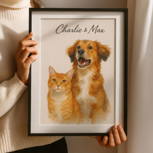 Custom Watercolor Pet Portrait of Dog and Cat with Names for Personalized Home Decor