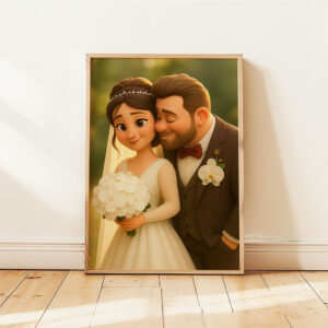 Charming Cartoon Wedding Portrait: Joyful Couple Embracing with Flowers in a Whimsical Art Style