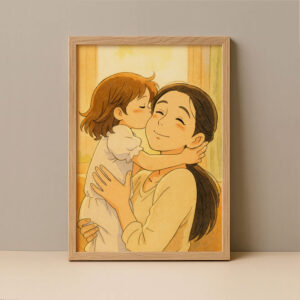 Heartwarming Anime Art of Mother and Child Embracing: Charming Illustration for Home Décor