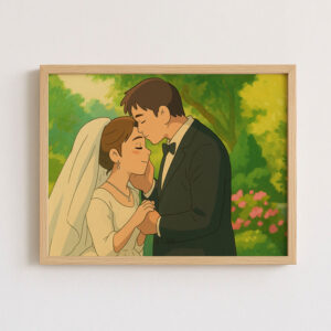 Romantic Cartoon Wedding Kiss Art Print - Elegant Couple Illustration for Home Décor