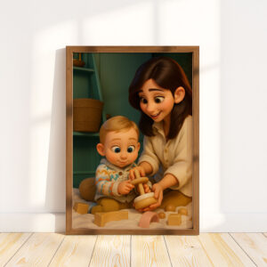 Heartwarming Family Portrait: Charming Cartoon Style Illustration of a Grandmother and Granddaughter Embracing Joyfully