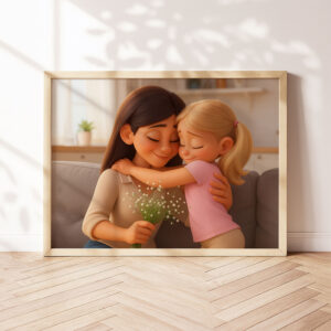 Charming Digital Art Print of a Loving Mother and Daughter Embracing in Playful Colors – Perfect for Home Decor