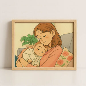 Cozy Mother and Baby Art Print in Soft Colors – Heartwarming Illustration for Nursery or Home Décor