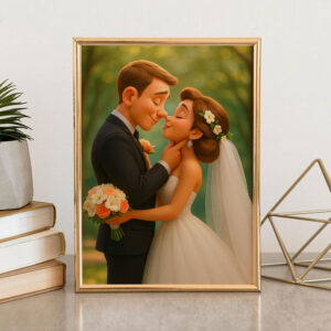 Charming Cartoon Wedding Portrait of a Loving Couple – Perfect for Home Decor and Gifts