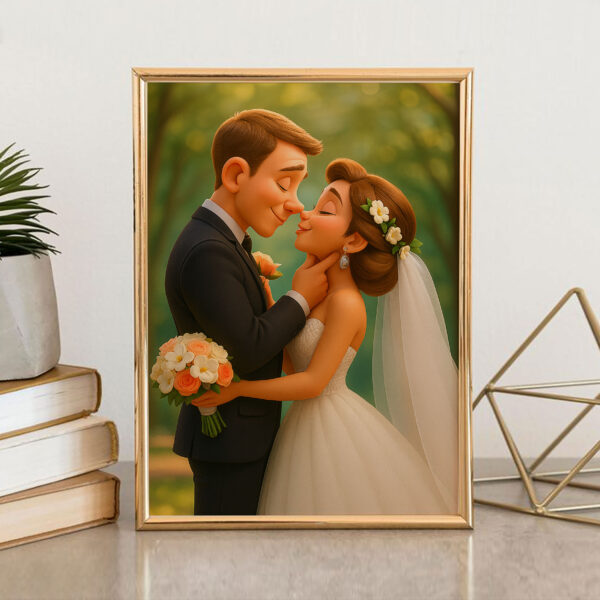 Charming Cartoon Wedding Portrait of a Loving Couple – Perfect for Home Decor and Gifts