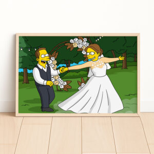 Whimsical Cartoon Wedding Art Print Featuring Cheerful Couple in Unique Animated Style