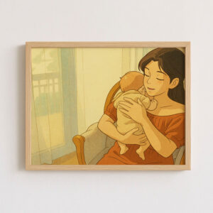 Sweet Embrace: Charming Illustrated Art Print of a Mother and Baby Bonding in Warm Tones for Cozy Home Decor