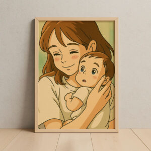 Heartwarming Illustrated Art: Mother Hugging Baby in Cozy Orange Blanket – Perfect for Nursery Decor and Gift Ideas