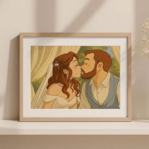 Romantic Wedding Kiss Art Print in Soft Pastel Colors – Perfect Home Decor for Newlyweds and Couples