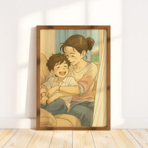 Charming Cartoon Style Artwork of Father and Son Enjoying Nature - Perfect for Family and Kids' Room Decor