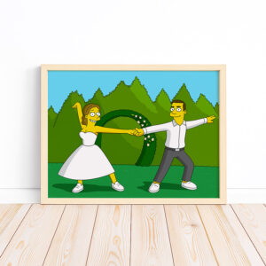 Whimsical Cartoon Wedding Art Print Featuring Homer and Marge in Iconic Simpsons Style