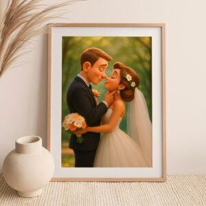 Charming Animated Wedding Portrait: Capturing Love and Happiness in a Whimsical Style