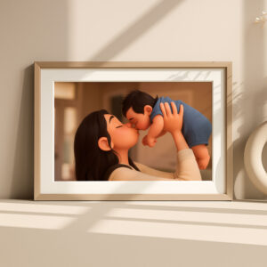 Adorable Cartoon Mom and Baby Art Print: Celebrate Love and Bonding in a Cozy Home Setting!