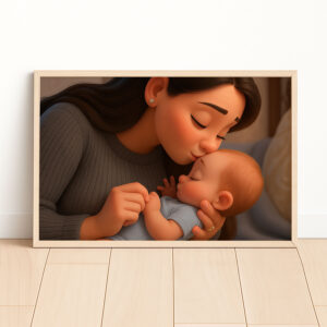 Heartwarming Cartoon Art Print of Mother and Baby Cherishing a Sweet Moment Together – Perfect Decor for Nursery and Home