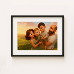 Charming Family Portrait Art: Whimsical Cartoon Style with Happy Kids and Loving Parents