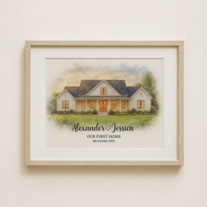 Personalized Watercolor Family Home Portrait - The Smiths at 1984 Willow Lane