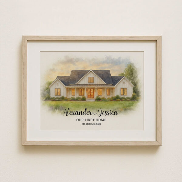 Personalized Watercolor Family Home Portrait - The Smiths at 1984 Willow Lane