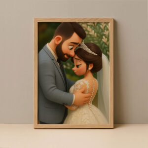 Charming Cartoon Wedding Portrait of Bride and Groom: Perfect Gift for Newlyweds and Home Décor