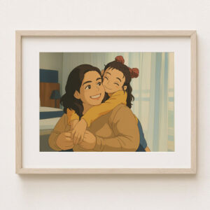 Charming Illustrative Art of Siblings Sharing Joyful Moments in Soft Pastel Tones – Perfect for Family Decor