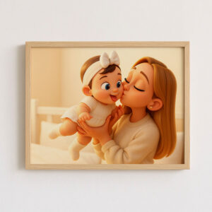 Charming Cartoon Art Print of a Loving Mother and Baby - Heartwarming Home Decor for Family Spaces