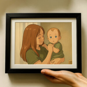 Heartwarming Illustration of a Mother Embracing Her Baby - Cozy Home Decor Art Print in Smooth Cartoon Style
