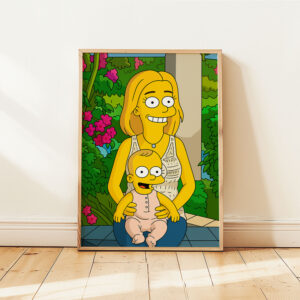 Charming Simpsons-Inspired Art Print of a Happy Mother and Baby in a Colorful Garden - Perfect Home Decor
