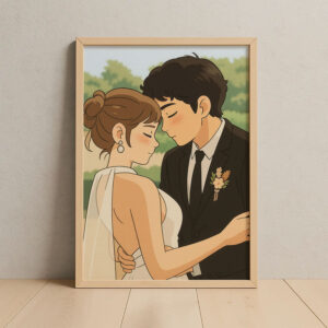 Charming Vintage Wedding Art Print: Joyful Couple in Elegant Attire with Floral Bouquet