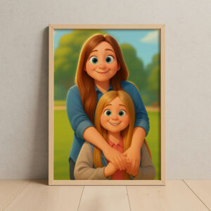 Charming Family Portrait Artwork: Heartwarming Animated Style Capture of Dad with Kids