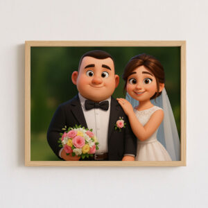 Charming Cartoon Wedding Portrait of a Bride and Groom in Whimsical Art Style for Your Home Decor