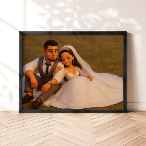 Charming Cartoon Wedding Portrait of a Bride and Groom in a Lush Forest Setting