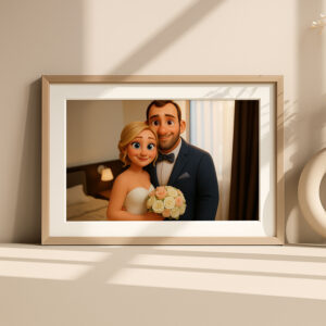 Charming Cartoon Wedding Portrait of Happy Couple in Vibrant Animation Style - Ideal for Home Decor