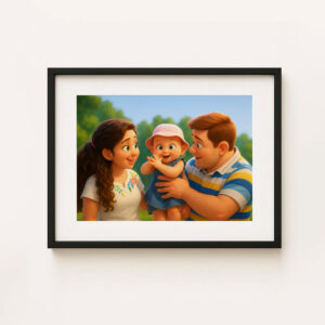 Heartwarming Cartoon Painting of a Girl and Her Mother Embracing on the Beach – Perfect Gift for Family Love