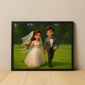 Charming Cartoon Wedding Art Print: Beautiful Bride and Groom in Vibrant Animation Style for Your Home Décor