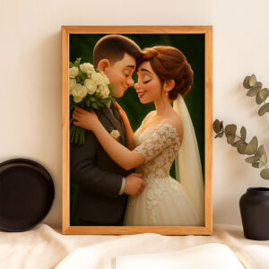 Charming Cartoon Wedding Artwork: Celebrating Love with a Cute Bride and Groom Illustration in a Whimsical Style