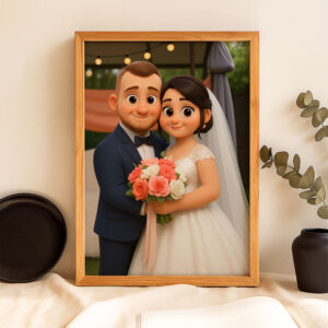 Whimsical Wedding Portrait: Charming Animated Style Art of Bride and Groom Embracing, Perfect for Love Celebrations
