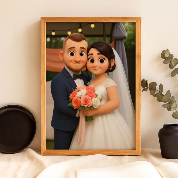 Whimsical Wedding Portrait: Charming Animated Style Art of Bride and Groom Embracing, Perfect for Love Celebrations